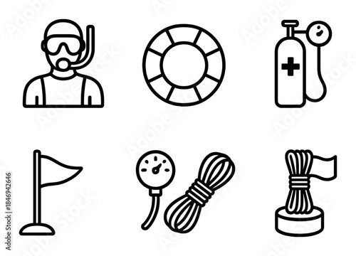 Underwater safety equipment icons: snorkel, lifebuoy, oxygen tank, flag, gauge, rope