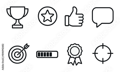 Monochrome icon set featuring trophy, star, like, chat, target, progress, award, aim
