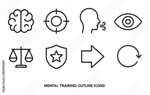 Mental training icons: brain, target, breathing, eye, balance, shield, arrow, cycle