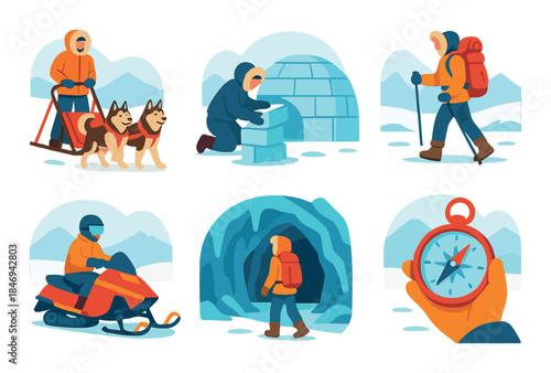 Winter adventure activities and exploration with animals, igloos, and equipment