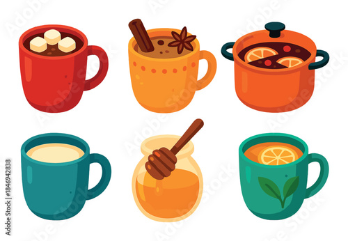 Cozy beverage variety: hot chocolate, mulled wine, tea, with honey and citrus accents