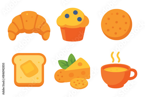 Assorted breakfast icons: croissant, muffin, cookie, toast, cheese, and coffee