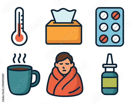 Cold and flu treatment essentials: thermometer, tissue, medicine, tea, sick person, nose drops