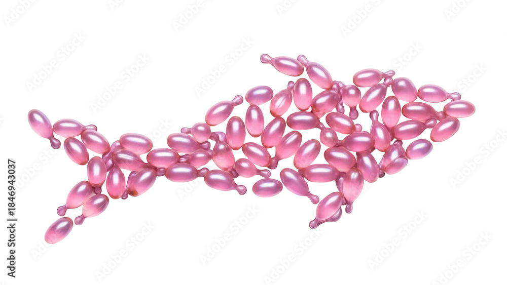 Obraz premium Pink capsules arranged in fish shape isolated PNG, beauty serum capsules for skincare and cosmetic product design on transparent background