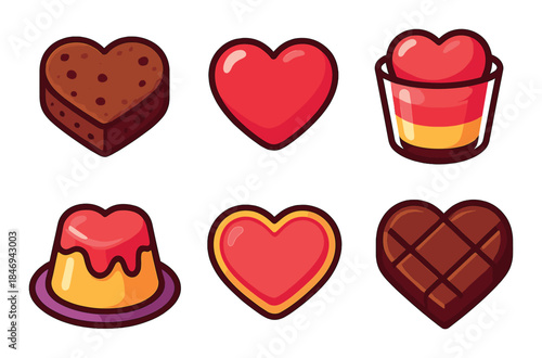 Colorful heart-shaped desserts and chocolates on brown background