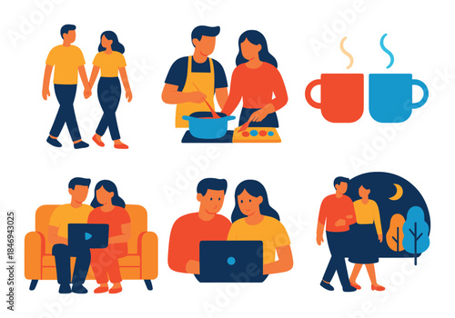 Illustrated couples enjoying everyday activities together in a colorful setting