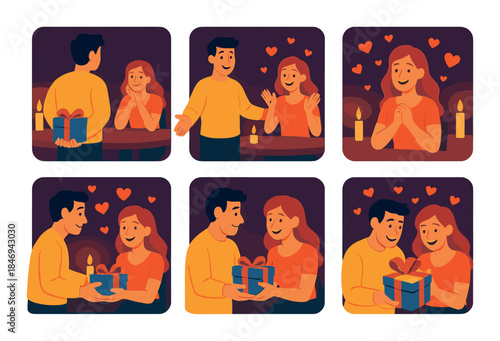 Romantic gift exchange between young caucasian couple in candlelit setting