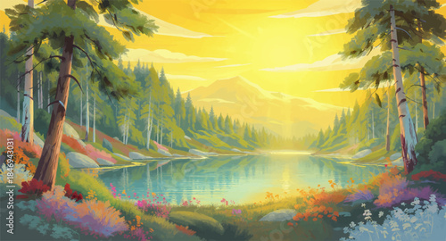 Enchanted forest lake glowing under warm golden sunlight. Magical woodland lake with soft light and reflections. Peaceful forest waterway surrounded by glowing nature