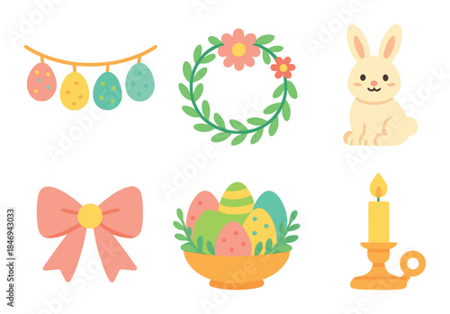 Vibrant easter symbols - eggs, bunny, and candle in a festive setting