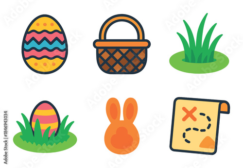Colorful easter symbols featuring basket, eggs, bunny, and map