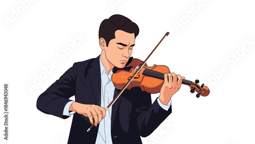Focused young man in a suit passionately plays the violin with intense concentration and skillful technique.