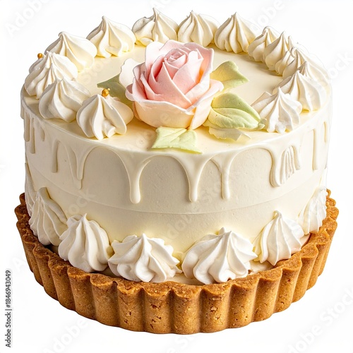 Creamy layered cake with a rose, on a golden crust, against white background