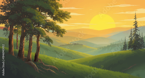 Pine trees on hill with layered sunset mountain view. Calm hillside forest under warm evening sky. Peaceful pine landscape with soft sunset tones