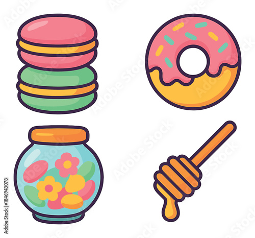 Colorful desserts: macarons, donut, candy jar, honey dipper illustration