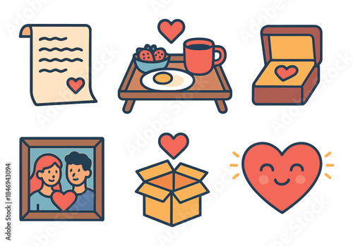 Charming icons of love and romance with gifts and hearts