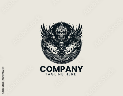 Mystical resurrection phoenix skull is represented as a symbolic and powerful black vector logo illustration
