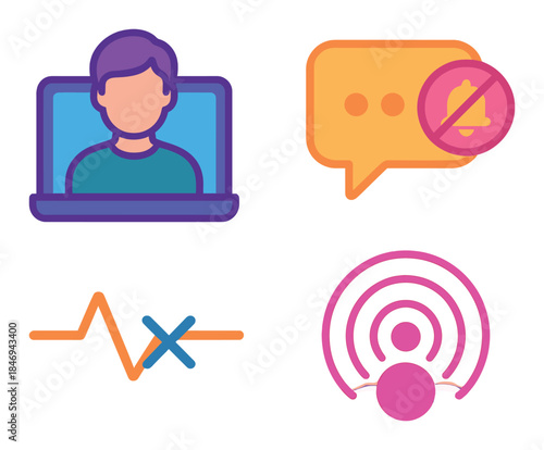 Neon icons for video call, notification, and podcasting