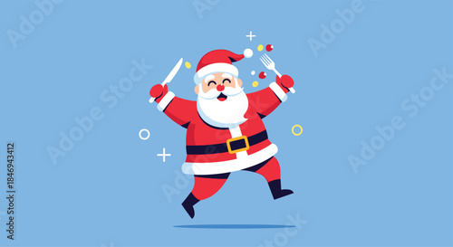 Joyful Santa dances across a bright blue background waving a fork and wand while festive shapes float around him in a joyful holiday celebration.