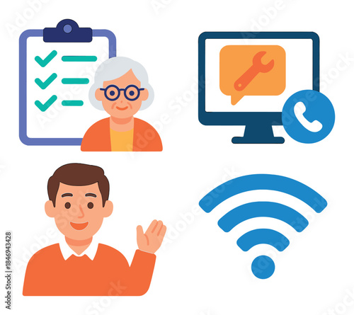 Tech support icons with elderly female and young male characters in bright colors