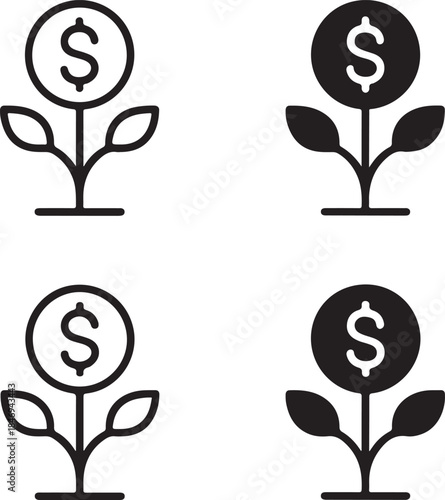 Isolated Money Tree Icon Set, Financial Growth Tree Symbol Icon Collection, Wealth Investment Money Tree Icon, Black Minimal Business Icon, Solid And Outline Vector Design For Finance