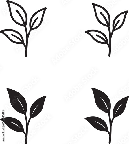 Isolated Tea Plant Icon Set, Tea Bush Leaf Silhouette Icon Collection, Herbal Tea Plant Botanical Icon, Black Minimal Plant Icon, Solid And Outline Vector Design For Garden Projects