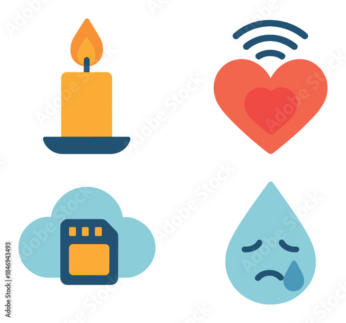 Candle, heart, cloud, and teardrop icons with colorful glow effects