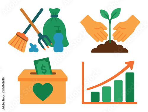 Community service icons: cleaning, gardening, fundraising, growth chart