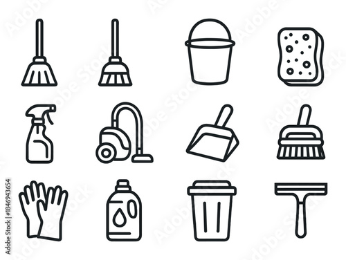 Set of twelve cleaning tools icons on dark background