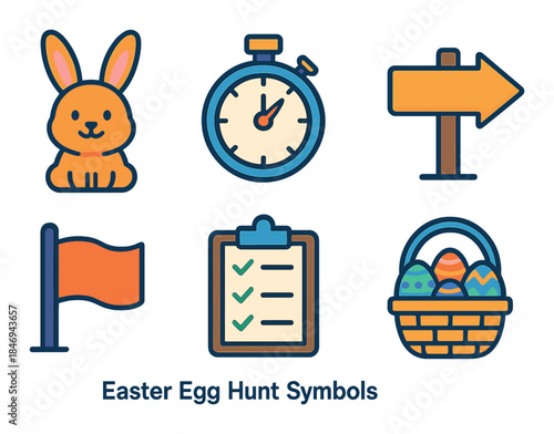 Easter egg hunt icons: rabbit, stopwatch, arrow, flag, checklist, basket