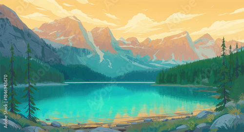 Calm mountain lake reflecting pine forest and soft sky. Peaceful alpine water with evergreen forest symmetry. Tranquil highland lake with clean reflection and calm tone