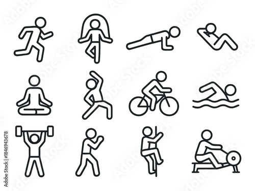 Black silhouette icons of diverse exercise activities on gray background