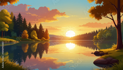 Sunset lake reflecting colorful trees and calm sky. Peaceful autumn toned lake under warm evening sun. Serene waterscape with trees glowing at sunset