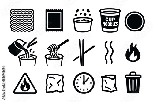 Black and white ramen noodle icon set with cup noodles and cooking instructions