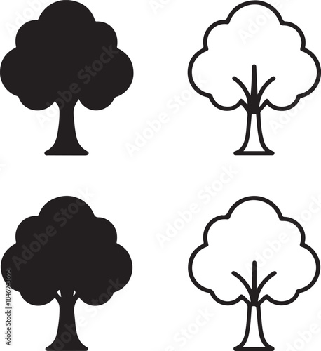 Isolated Teak Tree Icon Set, Teak Hardwood Tree Silhouette Icon Collection, Forest Teak Wood Tree Botanical Icon, Black Minimal Tree Icon, Solid And Outline Vector Design For Nature