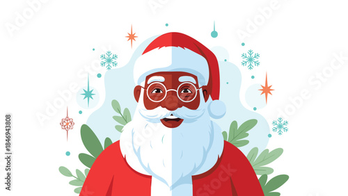 Festive illustration of a smiling black santa claus with glasses and a long white beard surrounded by winter foliage and snowflakes.
