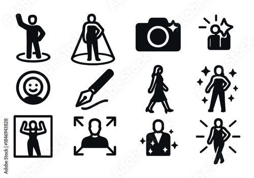 Male and female silhouettes with icon set representing photography and modeling