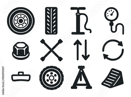 Automotive tools and equipment icons on dark background