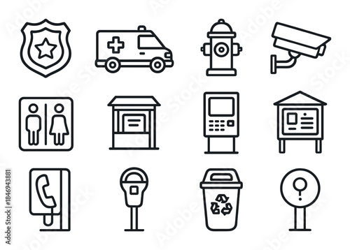 Public service icons: police, ambulance, hydrant, cctv, restroom, atm, recycling