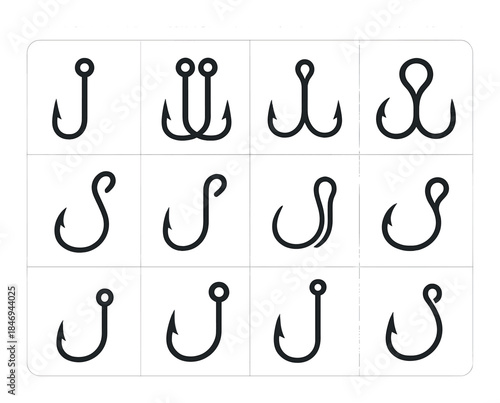 Collection of different fishing hook designs in black on gray background