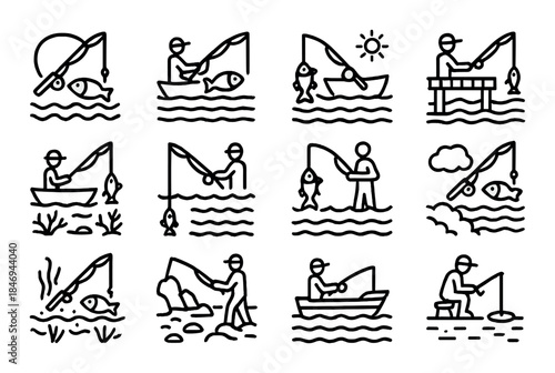 Black and white fishing icons: angler silhouettes and fish illustrations