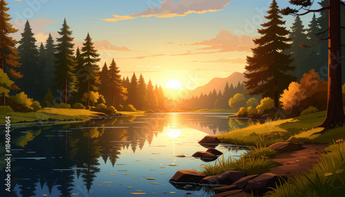 Sunset river reflecting pine forest and warm evening sky. Calm woodland river glowing under golden sunset light. Peaceful forest river scene at tranquil dusk