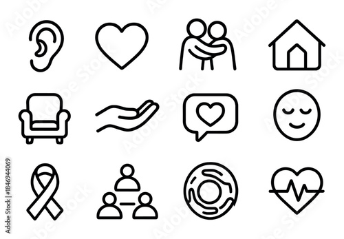 Set of minimalist icons representing emotions love support and wellness