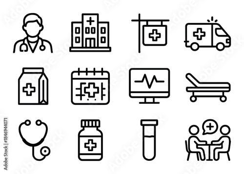 Medical icons collection: hospital, ambulance, doctor, stethoscope, medicine
