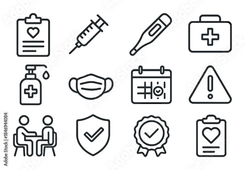 Medical and safety icons including syringe, thermometer, first aid kit, and face mask
