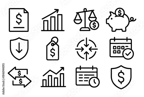 Financial symbols collection featuring growth, security, and savings icons