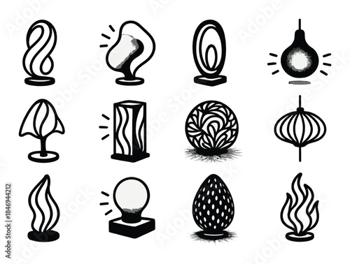 Set of twelve unique artistic lamp designs with various shapes and lighting effects