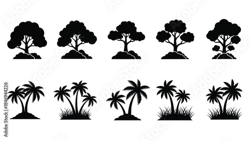 Collection of ten black silhouette icons featuring various deciduous trees and tropical palm trees
