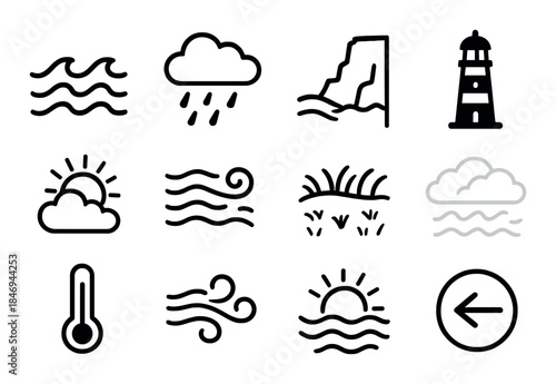 Weather and nautical icon set with clouds, waves, and lighthouse symbols