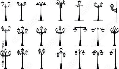 Set of Classic Lamppost and Lantern Silhouettes Elegant Black Icons of Traditional Street Lighting Fixtures for Urban, Park, and Exterior Architecture Design