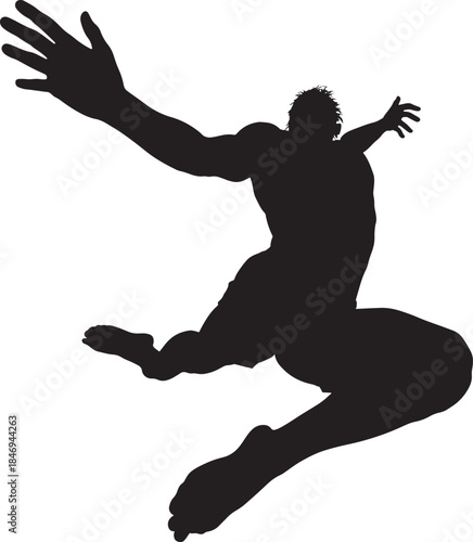 Silhouette of a male athlete performing a dynamic jump or leap